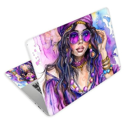 Universal Laptop Skin Decal, 3-Piece Vinyl Protector for 12 13 14 15.6" Notebook, Waterproof Anti-Scratch, Easy Trim & Bubble-Free Finish, Elegant Young Hippie Woman in Purpl - color: Elegant Young Hippie Woman in Purpl