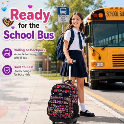 3Pcs Rolling Backpack for Girls, 19 Inche Women Roller Bag with Wheels for Adults, Wheeled Bookbag with Lunch Box(Brown) - color: Leopard Heart