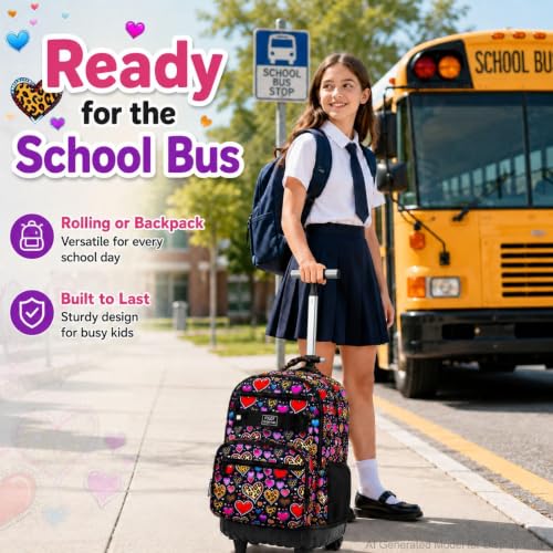 3Pcs Rolling Backpack for Girls, 19 Inche Women Roller Bag with Wheels for Adults, Wheeled Bookbag with Lunch Box(Brown) - color: Leopard Heart