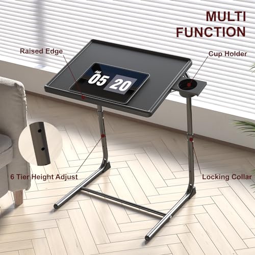 TV Tray Table, Adjustable TV Dinner Table for Eating on Couch with Cup Holder, Folding Couch Desk with 6 Height & 3 Tilt Angle Adjustments, Comfortable Laptop Stand for Bed & Sofa, Black - color: 1 Pack