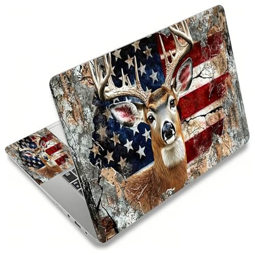 Laptop Skin Sticker Decal, Universal Reusable Vinyl Laptop Cover for 12" 13" 13.3" 14" 15" 15.4" 15.6" Notebook PC, Reusable Waterproof Scratch-Resistant with 2 Wrist Pads,American USA Flag Deer - color: American USA Flag Deer