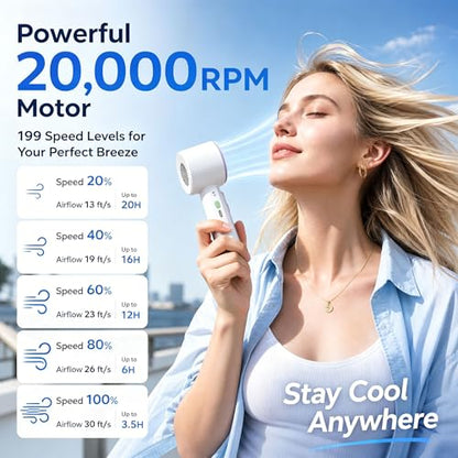 Portable Handheld Fan with Ice Cooling, Personal Rechargeable Fan 20000RPM,199-Speed Mini Neck Fan with 4000mAh Battery Powered up to 15hrs with LED Display for Travel, Camping & Outdoor, White - color: White-Green