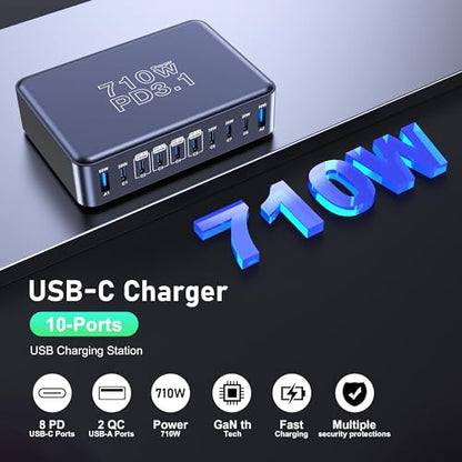 CHIPOFY 710W USB C Charging Station | 10-Port PD3.1 140W GaN Charger Block for MacBook Laptop, iPad, iPhone 17/16, Galaxy S25/S24 and More