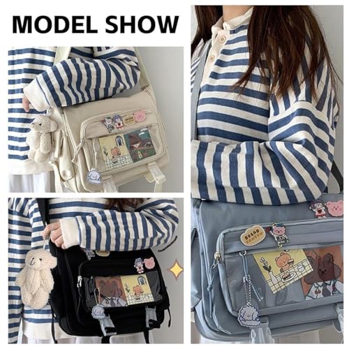 Kawaii Crossbody Ita Bag for Women with Pin & Plush Bear - Japanese Messenger Bags Y2K Shoulder Purse - color: A Blue