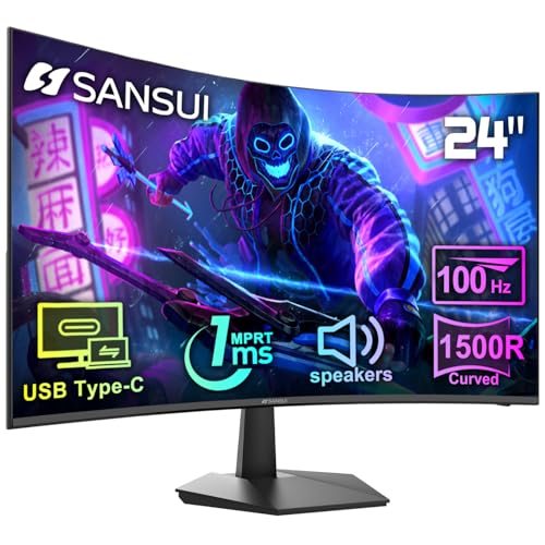SANSUI Curved Monitor 24 inch 100Hz USB Type-C Computer Monitor with Built-in Speakers- MPRT 1ms,Adaptive Sync,HDR,1500R,VESA 75x75mm Compatible, for Home and Office(ES-24C1) - size: 24.001