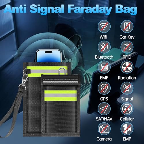 2 Pack Faraday Bags,Portable Faraday Key Fob Protector EMP Protection Bags,Faraday Bags for Phones,Faraday Pouch for Key Fob with Reflective Strip,Water Resistant,Fire Retardant,Foldable,Black - size: 2 Pack XS-S(Up to Phone)