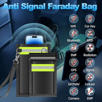 2 Pack Faraday Bags,Portable Faraday Key Fob Protector EMP Protection Bags,Faraday Bags for Phones,Faraday Pouch for Key Fob with Reflective Strip,Water Resistant,Fire Retardant,Foldable,Black - size: 2 Pack XS-S(Up to Phone)