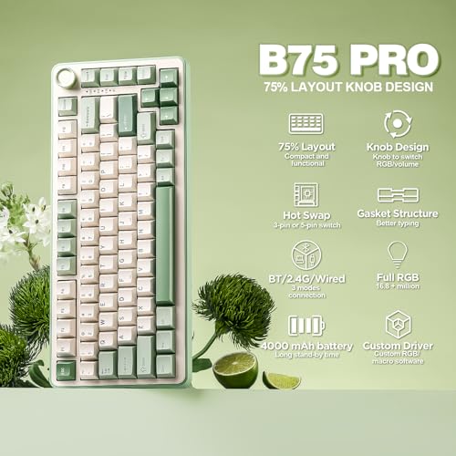 YUNZII B75 PRO Wireless Mechanical Gaming Keyboard | Custom 75% Layout with Knob,Gasket Mount,Hot Swap,Creamy Pre-lubed Switch,BT/USB-C/2.4G (Matcha Green, Milk Switch) - color: Matcha Green, size: Milk Switch