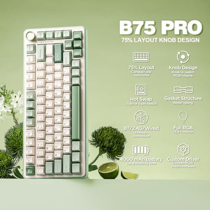 YUNZII B75 PRO Wireless Mechanical Gaming Keyboard | Custom 75% Layout with Knob,Gasket Mount,Hot Swap,Creamy Pre-lubed Switch,BT/USB-C/2.4G (Matcha Green, Milk Switch) - color: Matcha Green, size: Milk Switch
