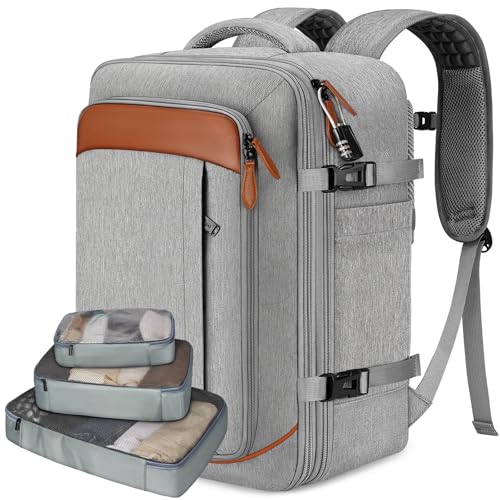 Vancropak Carry On Backpack for Airplanes, Flight Approved Travel Backpack | 3 Packing Cubes, Expandable 40L Luggage Suitcase Fits 17.3" Laptop, Shoe Compartment, Lockable Carry On Bag, mochila de viaje - color: Grey