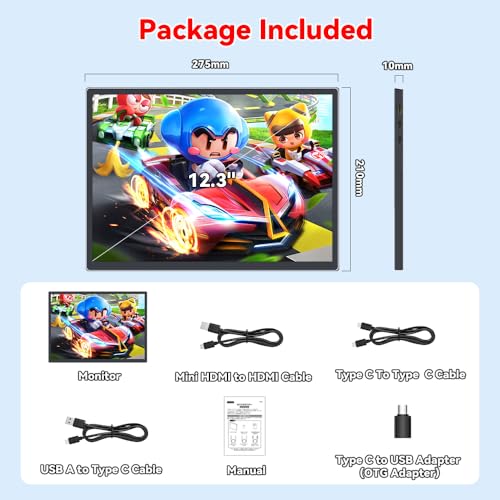 S123E 12.3 Inches Portable Monitor Touchscreen Monitor for Switch/Switch 2 | 1920 x1280 Ultra Slim Mini Travel Monitor 1280P IPS Display 100% sRGB for Laptop Surface PC Xbox PS4/5 and Office - size: 12.3"