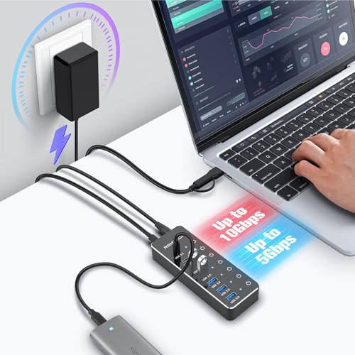 RSHTECH 7-Port Powered USB C Hub 10Gbps with 3 USB 3.2, 4 USB 3.0 Ports + 4 Ports USB A/USB C Hub 10Gbps
