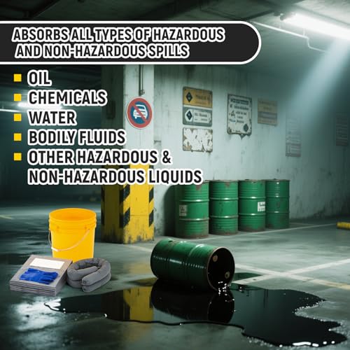 DoubleFill 41 Pcs Universal Spill Kit Portable Complete 9-Gallon Spill Kit, Absorbs Oils Water and More, Yellow Bucket, 30 Absorbent Pads, 4 Pcs 3" x 4' Sorbent Socks, 5 Disposal Bags, PVC Gloves - size: 9 Gallon