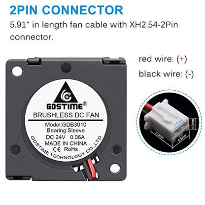 GDSTIME 30mm Blower Fan 24V 2Pin 3010 Brushless Cooling for 3D Printer 2Pcs | 30x30x10mm, DC 24 Volt, 9000RPM, High Performance, Small Turbo Blowers - size: 30x10mm