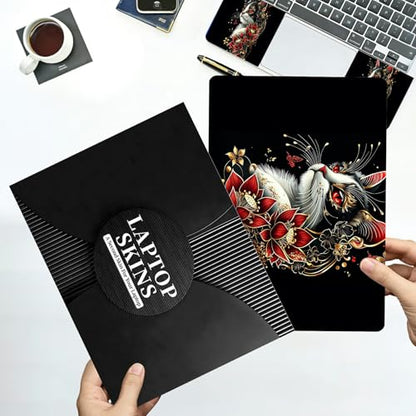 Universal Laptop Skin Sticker with 2 Wrist Pad Decals, 3-Piece Removable Vinyl Laptop Cover, Red Flower Cat Waterproof Anti-Scratch, Easy-Trim Fit for 13.3" 14" 15.6" Laptops - color: Red Flower Cat