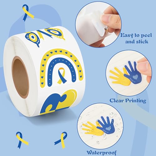 Down Syndrome Stickers Rolls - 1000 Pcs Down Syndrome Awareness Month Waterproof Vinyl Reusable Laptop Stickers Coloring Book Scrapbook Water Bottle Page Activity Pad Party Favors Skateboard - style: Down Syndrome Awareness Month