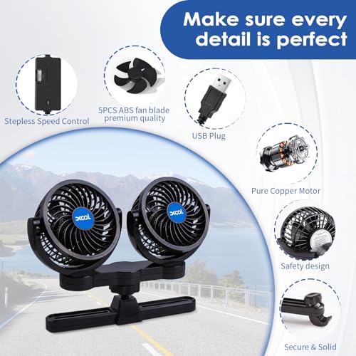 XOOL USB Dual Head Backseat Car Fan – 360° Rotatable Rear Seat Air Circulator with Stepless Speed & Adjustable Clip for Kids in SUV, Truck, RV - size: USB Dual Fan - Rear (Stepless)