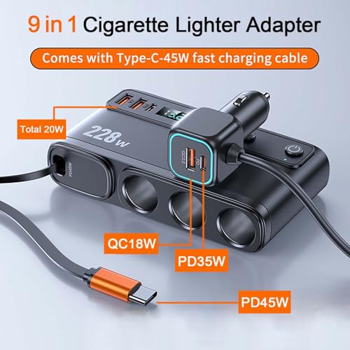 Cigarette Lighter Adapter with 45W Retractable Car Charger Fast Charging | 45W USB C Car Accessories 3 Socket Heavy Duty Truck Car Plug Outlet Splitter Fast Charging 12V/24V Multi Port for Car Devices