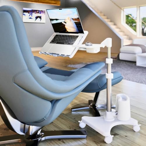 LEVO G2 Deluxe Rolling Laptop Stand with Mouse Tray, Silver & White | Tilting platform, swing arm, locking wheels, heavy-duty overbed workstation for chair, couch, recliner, remote work or gaming - color: White & Silver