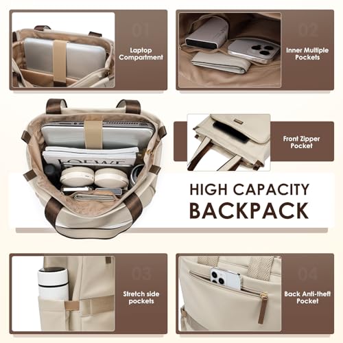 GOLF SUPAGS Convertible Laptop Backpack for Women Casual Daypack Notebook Tote Bag for Work College Travel Leisure (Apricot) - color: Apricot