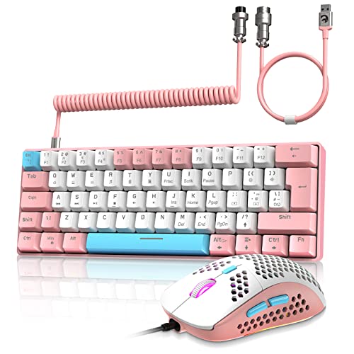 ZIYOU LANG RK-T60 Wired Mechanical Gaming Keyboard and Mouse Combo Mini Portable with Rainbow Backlit 62Key NKRO 6400DPI RGB Honeycomb Mice Coiled Aviator Cable for PS4/PC/WIN Gamer(Pink/Blue Switch) - color: Pink, size: Keyboard + Mouse + Coiled Cable