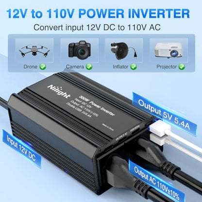 Nilight 300W Power Inverter with 5.4A Dual USB Ports and 2 AC Outlets | 12V DC to 110V AC Car Charger Converter for Phones Tablets Laptop Computer Game Console Kindle iPad DVD Players Black - color: 300W USB*2 110V Outlet*2