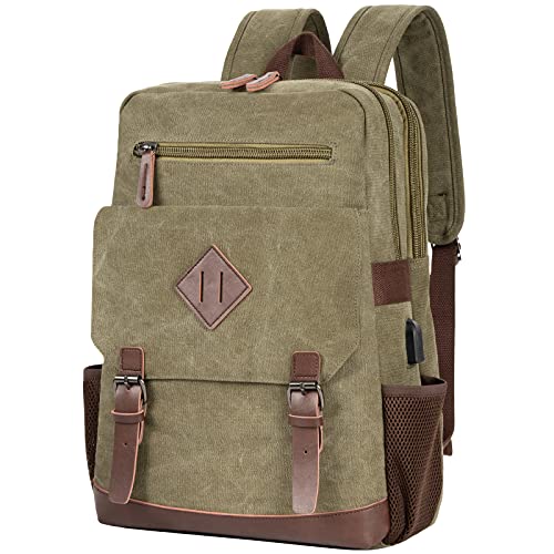 Vintage Canvas Backpack with USB Charging Port, Bag Fits 15.6 Inch Laptop | Canvas backpack with USB charging port, bag for daily commuting and short-distance travel - color: Army Green