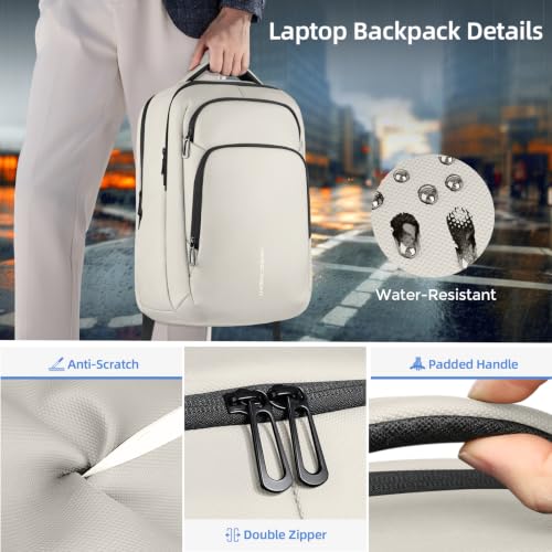 17.3 Inch Laptop Backpack for Men Women, 30L Travel Backpack | Carry-On Flight Approved,Work Computer Backpack with USB A&C Port,Business Laptop Bag,WaterResistant Anti-Theft Daypack - color: White