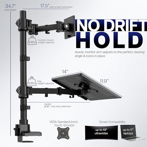 VIVO Extra Tall Desk Mount for up to 49 inch Ultra-Wide Monitor and Tray for up to 17 inch Laptop, Clamp-on Adjustable Stand Holds 44 lb Screens, VESA up to 100x100, Black, STAND-V102T-L