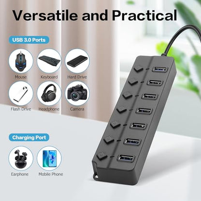 90 Degree USB Hub Splitter YACSEJAO USB 2.0 Data Hub with Individual LED Button On/Off Switch DC5.5 * 2.1 Power Port for Laptop,PC Computer (7 Ports, 0.3M) - size: 0.3M, style: 7 Ports