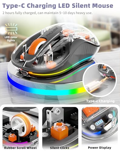 Bluetooth Wireless Mouse, Transparent RGB Tri-Modes Mouse,Bluetooth & 2.4GHz for Multi Device, USB-C Receiver Ideal for MacBook/Laptops, Rechargeable, Silent, Portable, Cool LED, Ergonomic - Grey - color: Grey