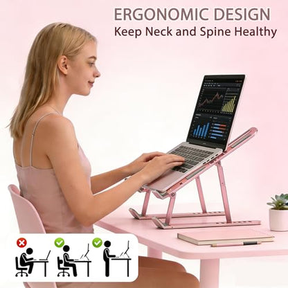Ergonomic Foldable Computer Stand, 10-Level Height Adjustable Aluminum Laptop Stand, Compatible with 17.3 Inch Laptops, Tablets & Drawing Tablets, for MacBook, HP, Lenovo, Dell (Pink) - color: Pink