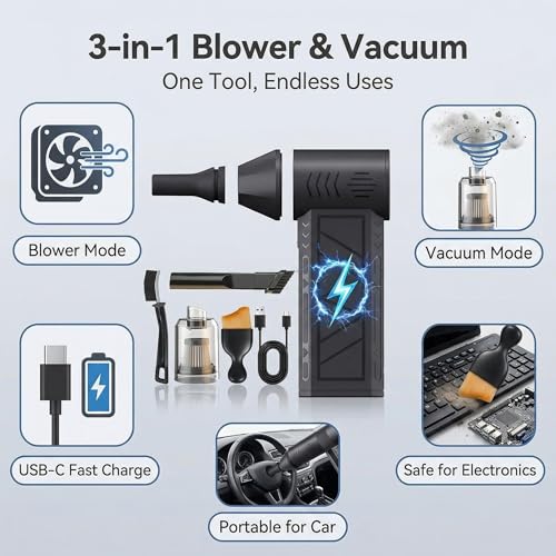 Electric Air Duster Vacuum 2-in-1, Canned Air Alternative Rechargeable Blower with 100,000 RPM, Mini Vacuum for Keyboard, PC, Car Interior, Home Cleaning(Black) - color: Black