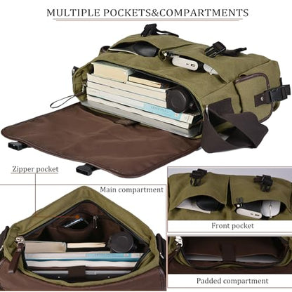 15.6 Inch Laptop Messenger Bag for Men Women, Canvas Computer Shoulder Bag, Work Briefcase for Business College Travel | Anti-theft Design - color: Green