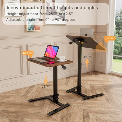 25" Mobile Folding Desk: Pneumatic Sit-Stand, No Assembly | 29-42" Height Adjustable Rolling Laptop Desk, Hidden Wheels, 0-90° Tilt Top. Ideal for Home Office, Craft & Study. - color: Brown