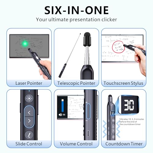 N21 Bluetooth Presentation Clicker for PowerPoint with Retractable Pointer | ①Green laser ②Telescopic touch pen ③Countdown timer, vibration alert ④Customizable Button ⑤Rechargeable;battery level display - color: Black - Green Pointer