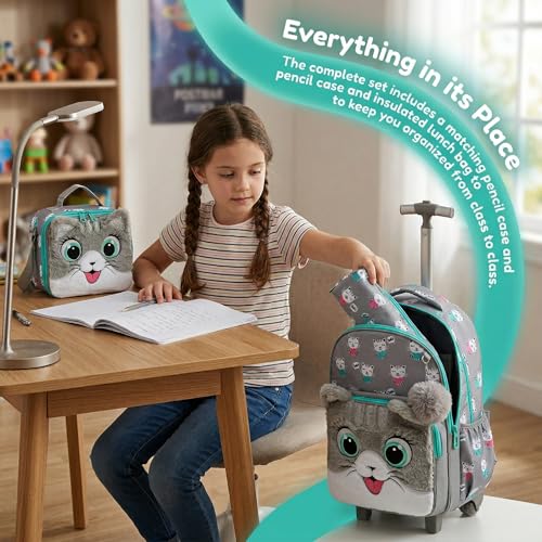 Kids Fluffy Cat Rolling Backpack for Girls, Bookbag Wheeled Gray | Trolley Suitcases Luggage, Travel with Wheels, 3PCS Roller Backpacks Set, Toddler School Bags, Elementary Back Pack - color: Gray-0121-maomi