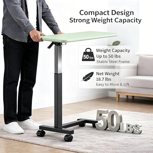 Adjustable Overbed Table with Wheels, Pneumatic Height Lift Rolling Bedside Table, Standing Desk for Home & Office Use, Ideal for Seniors & Limited Mobility (Light Green) - color: Light Green