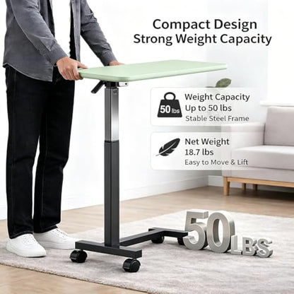 Adjustable Overbed Table with Wheels, Pneumatic Height Lift Rolling Bedside Table, Standing Desk for Home & Office Use, Ideal for Seniors & Limited Mobility (Light Green) - color: Light Green