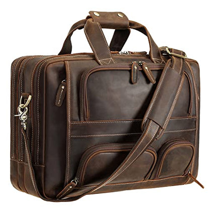 Polare Full Grain Cowhide Leather 17'' Laptop Large Briefcase for Men Business Messenger Bag Work Bag - color: Dark Brown