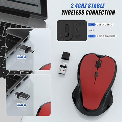 Bluetooth Wireless Mouse, 2.4G Ergonomic Rechargeable Computer Mouse for MacBook Air iPad Pro PC with Jiggler Mode, 3 DPI Levels & Forward/Back Buttons Laptop Mice for Office/Home/School - Red - color: Bluetooth Wireless Mouse (Red)