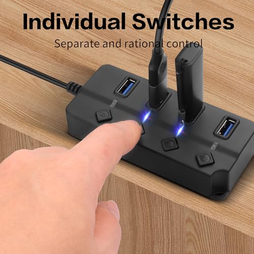 90 Degree USB Hub Splitter YACSEJAO USB 2.0 Data Hub with Individual LED Button On/Off Switch DC5.5 * 2.1 Power Port for Laptop,PC Computer (4 Ports, 0.3M) - size: 0.3M, style: 4 Ports