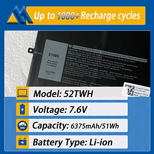 52TWH Laptop Battery Compatible with Dell XPS 13 7390 2-in-1 Series Notebook P103G P103G001 P103G002 MM6M8 0MM6M8 XX3T7 0XX3T7 7.6V 6375mAh 4Cell