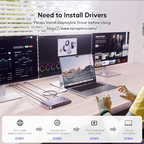 DisplayLink Docking Station Triple Monitor with 140W Power Adapter, PULWTOP 4K@60Hz Laptop Docking USB C Dock for MacBook M1/M2/M3, Windows, 3xHDMI, 2xDisplayPort,5xUSB C/USB A Data/Charging - size: 16 in 1 Displaylink triple docking station