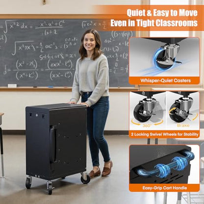 16-Device Charging Cart with Power Strip, Black Charging Station for Chromebooks, Laptops & Tablets up to 14”, Classroom Charging Cabinet with Cable Management & Accessory Storage - size: 16 Tablet/Chromebook