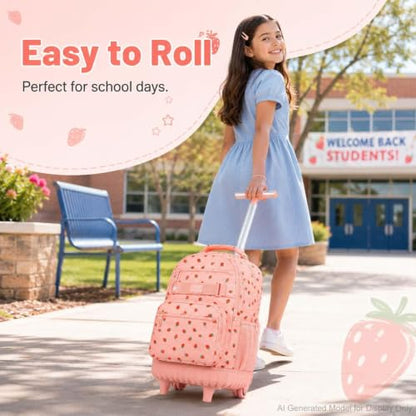 3Pcs Rolling Backpack for Women Girls with Large Wheels, 20 Inches Detachable Wheeled Backpack Set, Adults Water Resistant Roller Backpack for Travel, Work, College School (Pink) - color: Pink Strawberry