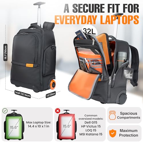EVERKI Wheeled 123 Laptop Rolling Backpack for Men & Women, Black - 32L | Professional Design, Padded Laptop Compartment, Replaceable Wheels, Business & Work, Travel-Friendly, Fits up to 16" - size: Wheeled 123 Laptop Backpack - 32L