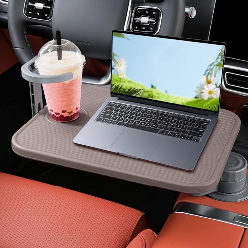 Car Tray Car Desk for Laptop 360° Rotating Wood Cup Holder Table | ,Aluminum Cantilever Laptop Mount for Vehicle,Steering Wheel Tray,Fits for Tesla Camry Forester F150 Tundra&Most Vehicles - color: Truffle Brown