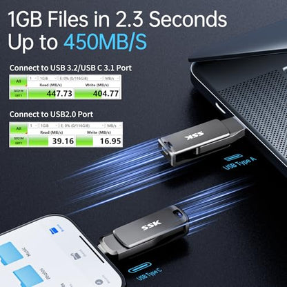 SSK 128GB Flash Drive up to 450MB/s Thumb Drive USB C+A 3.2 Memory Stick | Support OTG,Dual Connection,1GB in 2.3s,2 in 1 Pendrive for iPhone 15/16/17/Android/Laptop,Zinc Alloy Keyhole - size: 128GB