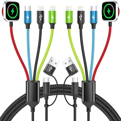 Dual IP Multi Charging Cable with iWatch Charger, 2 Pack 5FT Travel | One Cable Charges Multiple Devices with Dual IP Connectors, Ideal for Travel, Cruises, Road Trips and Everyday Use - color: 2Pack-Red_Blue_Black_Green-2IP, style: Red iWatch Charger
